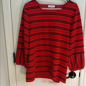 Calvin Klein Women's Red and Black Striped Blouse size LARGE